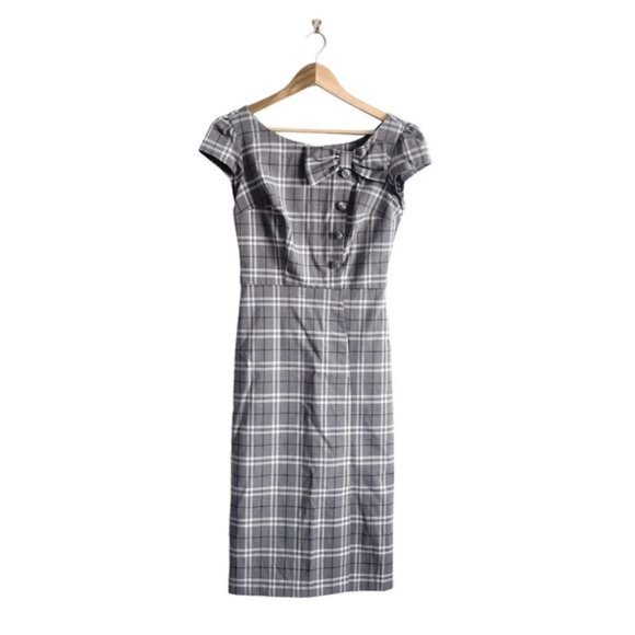 Stop Staring by Alfred Estrada Womens Midi Dress Bow Tie Plaid Gray Medium - Picture 1 of 12